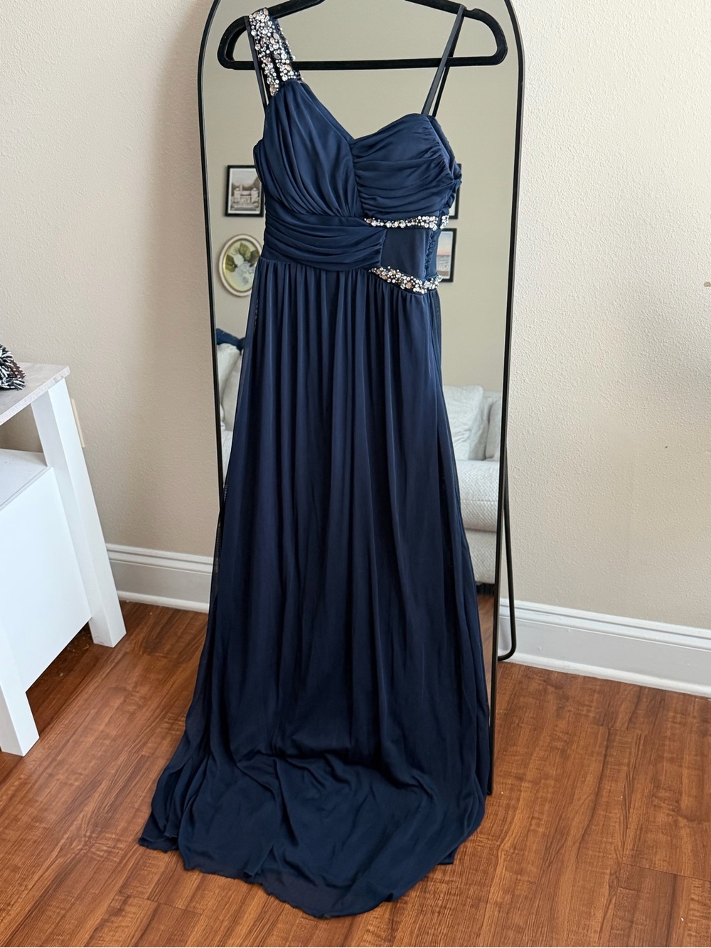 Jodi Kristopher Navy Blue One Shoulder Jeweled Formal Maxi Dress | Size 3
